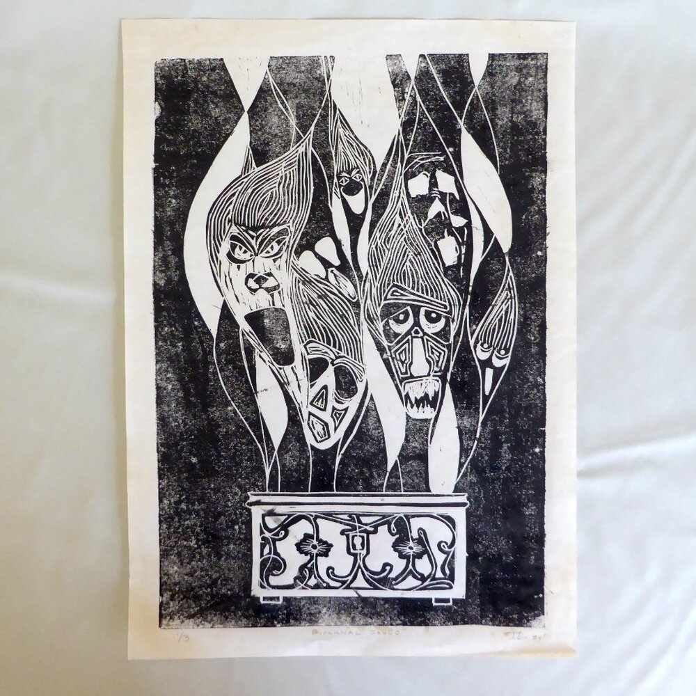 VINTAGE 1974 #1/3 WOODBLOCK BLACK PRINT “INFERNAL SOULS” SIGNED PRINT